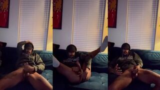 College cumpire fingers his own ass then blows giant cumshot all over his big cock