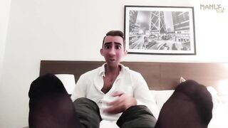 Step Dad in Sheer Black Socks jerks thick white cock for worshipping feet