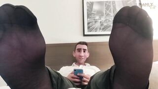 Step Dad in Sheer Black Socks jerks thick white cock for worshipping feet