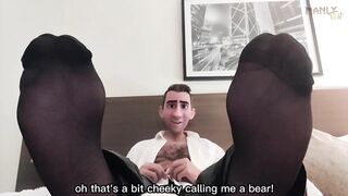 Step Dad in Sheer Black Socks jerks thick white cock for worshipping feet