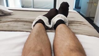 Step Dad in Sheer Black Socks jerks thick white cock for worshipping feet