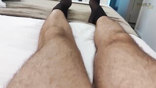Step Dad in Sheer Black Socks jerks thick white cock for worshipping feet