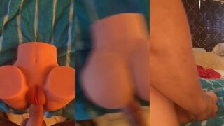 POV fucking a tight small sex doll missionary style while hot tattooed hunk pounds into her