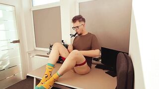 Slow Desk Fuck until Vibrator Tease Chokes Deep Hole Gushing Cum Soaked Tee