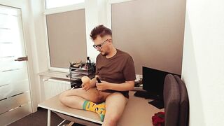 Slow Desk Fuck until Vibrator Tease Chokes Deep Hole Gushing Cum Soaked Tee
