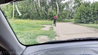 Public car cruising destroyed by daddy’s huge cock while cute twink gushes cum