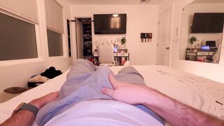 Tatted monster cock stroked raw in gray sweatpants with POV cum no hands