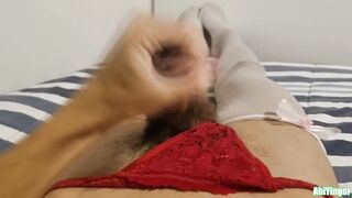 Sissy boy destroyed in moms red panties with thick BBC cumshot