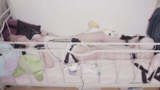 Sissy bunny gushes tied in wet diaper orgasm