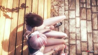 Femboy gets railed raw in park threesome gangbang.