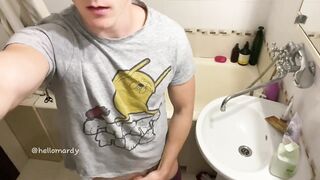Huge raw cum in toilet solo jerking neighbor's boy