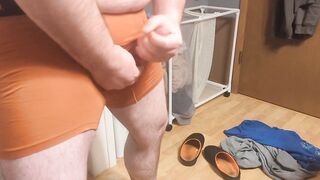 Bear in Orange Boxer Briefs Pounds Thick Cock Messy Floor Cumshot