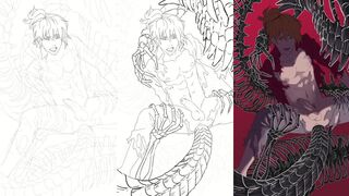 Drawing my OC dragon smut while cum drips on the page
