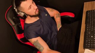 Hard jerk off in gamer chair until thick cock explodes
