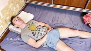 Jerking boy moaning huge cum all over bed