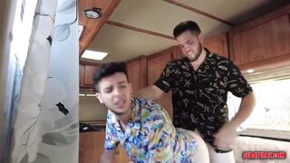 Latin backpacker hitchhiking gets his tight hole reventado by a bear’s massive cock outside a motorhome