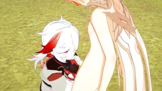 Kazuha deepthroats Aether’s throbbing cock until creampie drips down his throat