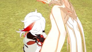 Kazuha deepthroats Aether’s throbbing cock until creampie drips down his throat