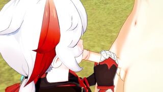 Kazuha deepthroats Aether’s throbbing cock until creampie drips down his throat