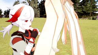 Kazuha deepthroats Aether’s throbbing cock until creampie drips down his throat