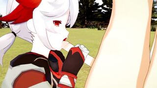 Kazuha deepthroats Aether’s throbbing cock until creampie drips down his throat