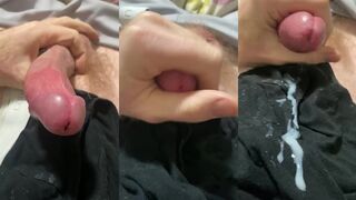Big dick strokes ruin his clothes while cum drips down his thighs