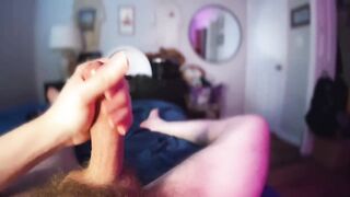 Big thick cock rips out of socks jerks off messy cumshot POV