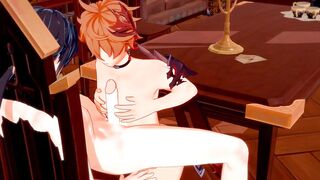Zhongli and Tartaglia ruined with big dick handjobs and boobjobs hentai yaoi