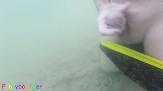 Big cock jerked hard in freezing lake water but failed to cum