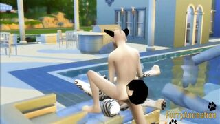 Furry yaoi dog and snow leopard destroyed in pool creampie