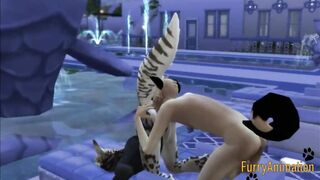 Furry yaoi dog and snow leopard destroyed in pool creampie