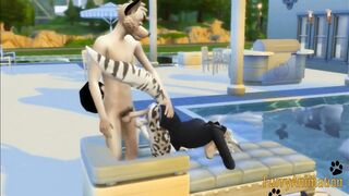 Furry yaoi dog and snow leopard destroyed in pool creampie