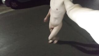 Skinny Twink Naked Street Stroll Explodes Gushing Cum Almost Busted