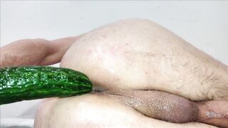 Cucumber Crushes Oily Hairy Ass Precum Geyser Leak