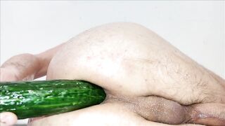 Cucumber Crushes Oily Hairy Ass Precum Geyser Leak
