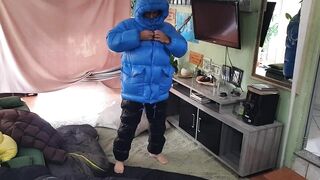Puffer Jacket Faggot Drenched in Sleeping Bag Bukkake Explosion
