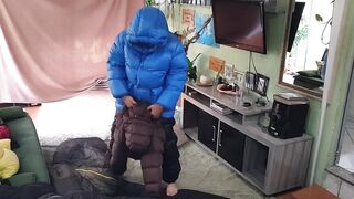 Puffer Jacket Faggot Drenched in Sleeping Bag Bukkake Explosion