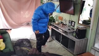 Puffer Jacket Faggot Drenched in Sleeping Bag Bukkake Explosion