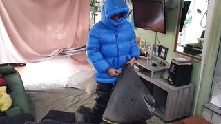 Puffer Jacket Faggot Drenched in Sleeping Bag Bukkake Explosion