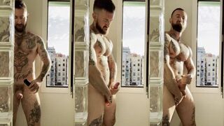 Tattooed Muscle Jock Gushes Cum Flood in Steamy Shower Destroy