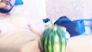 Daddy's Uncut BBC Destroys Watermelon in Gushing Cum Frenzy