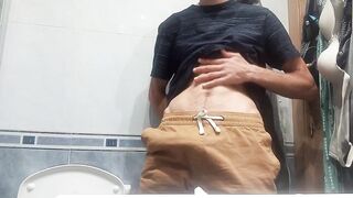 Fat Uncut Cock Jets 5 Thick Ropes in Public Toilet Stall