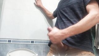 Fat Uncut Cock Jets 5 Thick Ropes in Public Toilet Stall