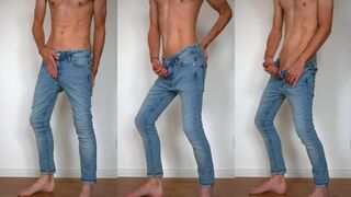 Muscular twink in skinny jeans busts thick cumshots raw solo