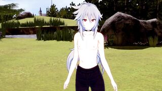 Genshin Impact Yaoi Razor's handjob makes Diluc blow his load