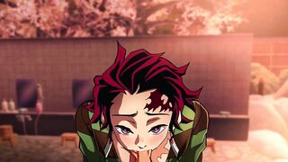Genya x Tanjiro gay porn bent over bathtub sloppy blowjob