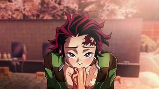 Genya x Tanjiro gay porn bent over bathtub sloppy blowjob