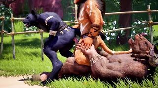 Furry threesome yiffed barebacked by wolf cumtrain
