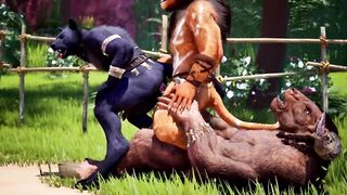 Furry threesome yiffed barebacked by wolf cumtrain