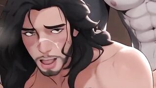 Muscular furry wolf fucks buff human in mating press
